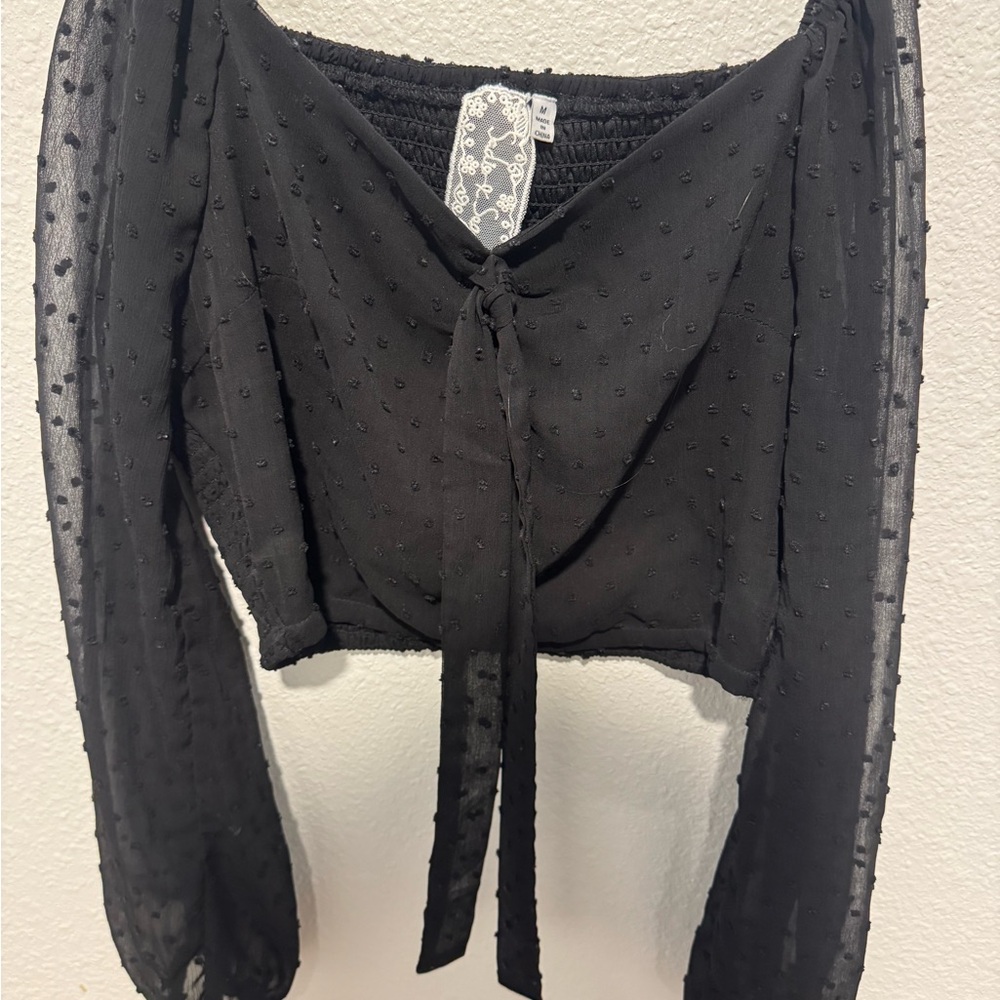 Women's Black Swiss Dot Tie-Front Crop Top